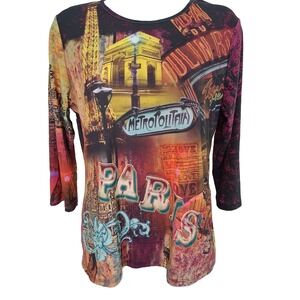 Vintage Y2K Moulin Rouge Top Size Large 3/4 Sleeve Stretch Art To Wear Dopamine‎